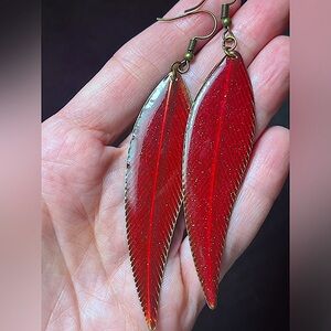 Red Leaf/Feather Dangle Earrings